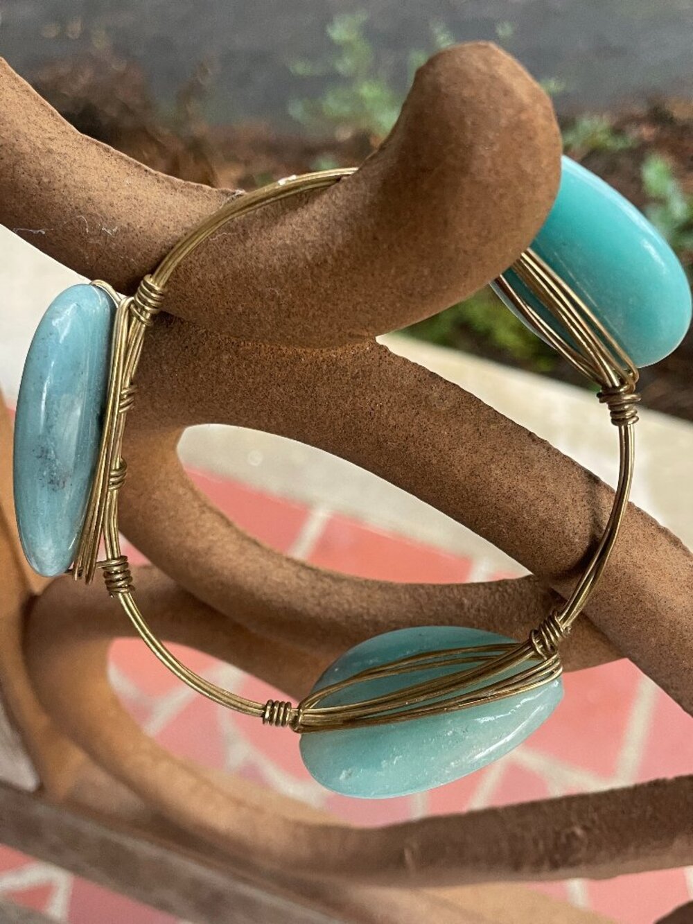 Wire wrapped bangle bracelet with 3 large green Amazonite stones 52g